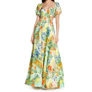 Staud Coliseum Cutout Puff Sleeve Linen Maxi Dress
